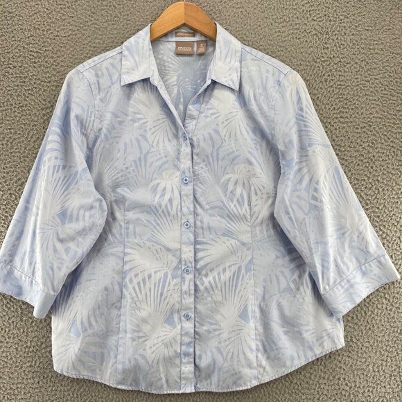Chicos Top Womens 3 US Extra Large Blue Palm Floral Wrinkle Resistant 3/4 Sleeve - Picture 1 of 10